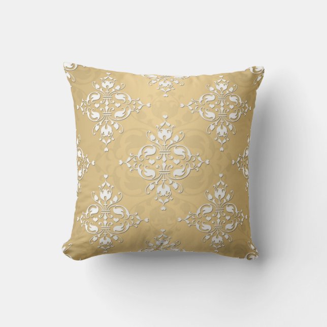 Golden Yellow and White Damask Pattern Throw Pillow (Front)