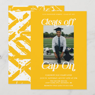 Golden Yellow Athlete Graduation Cleats off Cap On Invitation