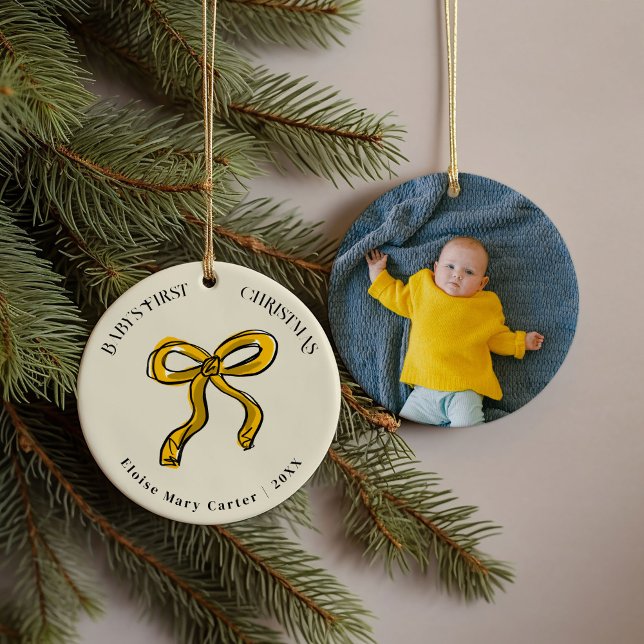 Golden Yellow Bow Baby's First Christmas Photo Ceramic Ornament (Hand-drawn golden yellow ribbon Baby's First Christmas photo ornament.)