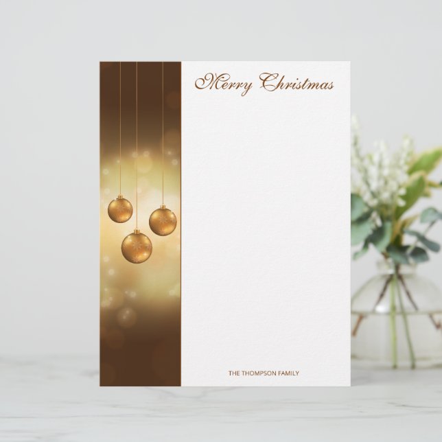 Golden Yellow Christmas Baubles On Yellow Bokeh Letterhead (Standing Front)