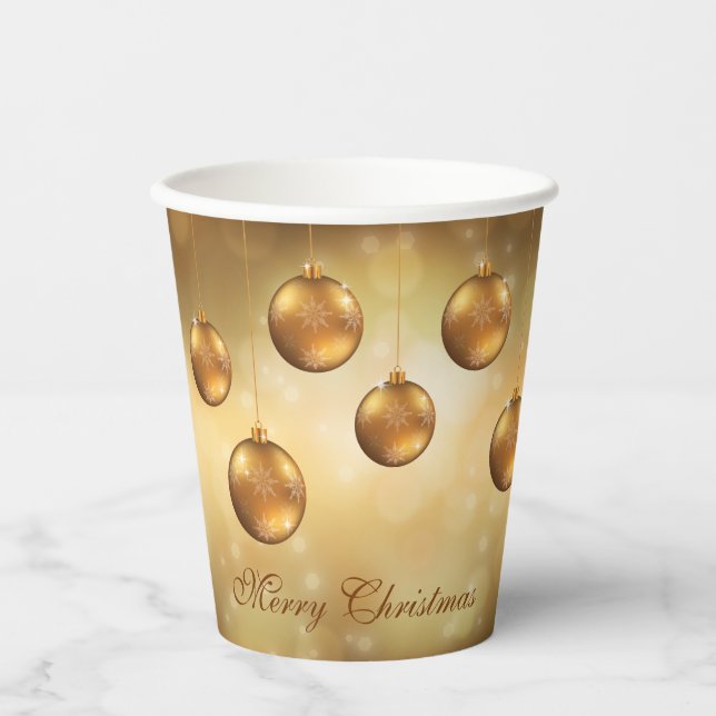 Golden Yellow Christmas Baubles On Yellow Bokeh Paper Cups (Front)