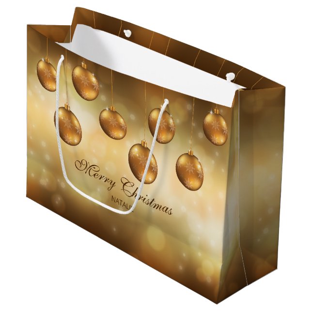 Golden Yellow Christmas Baubles With Custom Text Large Gift Bag (Front Angled)