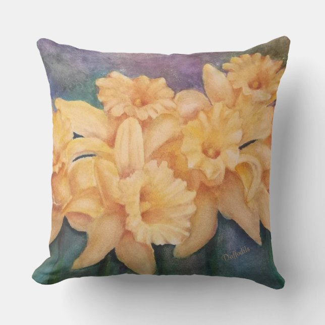 GOLDEN YELLOW DAFFODIL FLOWERS PATIO OUTDOOR PILLOW (Front)