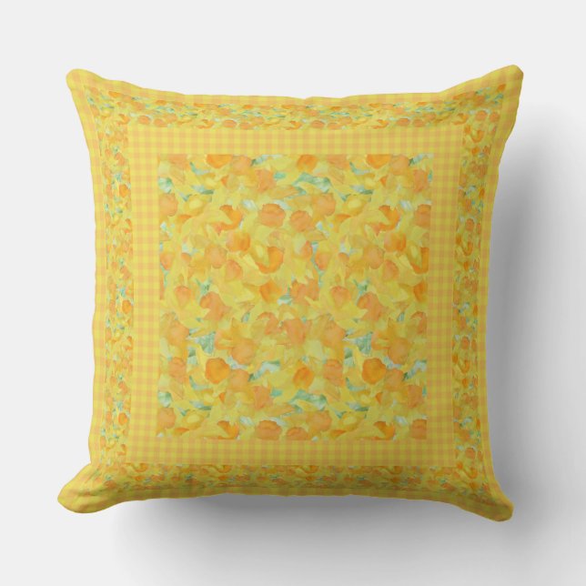 Golden Yellow Daffodils and Check Gingham Border Throw Pillow (Front)