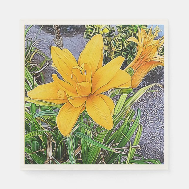 Golden Yellow Daylily Flowers and Bud Close-Up Napkin (Front)