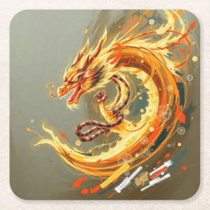 Golden Yellow Dragon Square Paper Coaster
