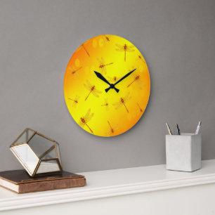Golden Yellow Dragonflies Flying, Large Clock