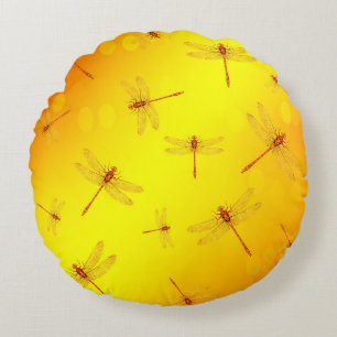 Golden Yellow Dragonflies Flying, Round Pillow