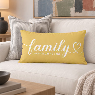 Golden Yellow Family Heart Script Monogram Lumbar Pillow