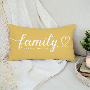 Golden Yellow Family Heart Script Monogram Lumbar Pillow