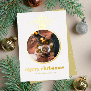Golden Yellow Festive Photo In Christmas Ornament  Foil Holiday Card