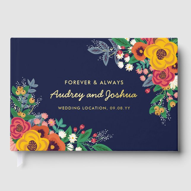 Golden Yellow Floral Navy Boho Gold Wedding Guest Book (Front)