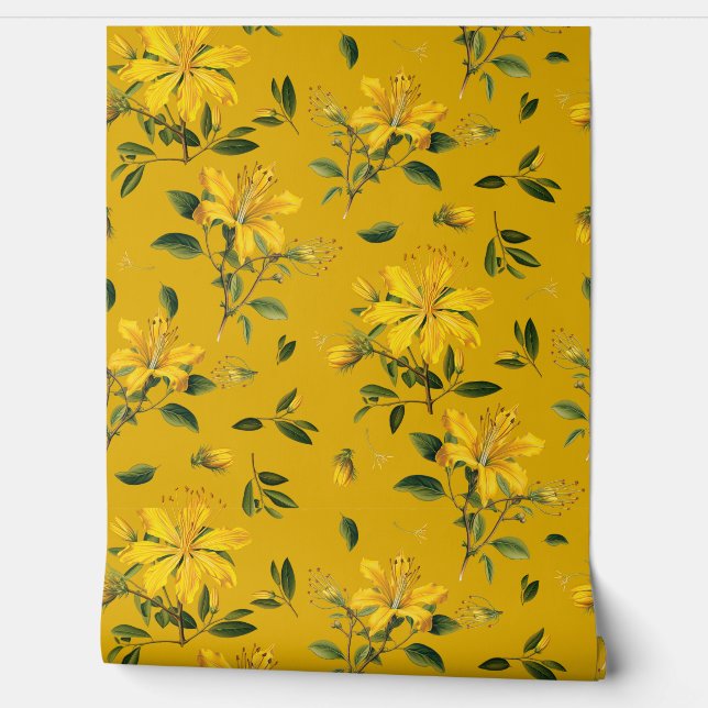 Golden Yellow Flowering Herbs Pattern Wallpaper (Unrolling)