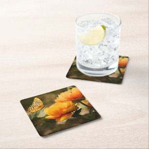 Golden yellow flowers and butterfly square paper coaster