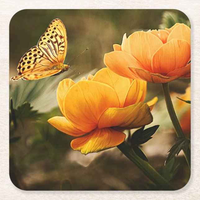 Golden yellow flowers and butterfly square paper coaster (Front)