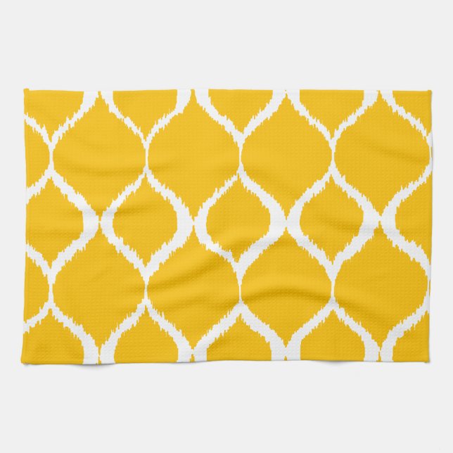 Golden Yellow Geometric Ikat Tribal Print Pattern Kitchen Towel (Horizontal)
