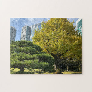 Golden Yellow Ginkgo and Pine Tree Jigsaw Puzzle