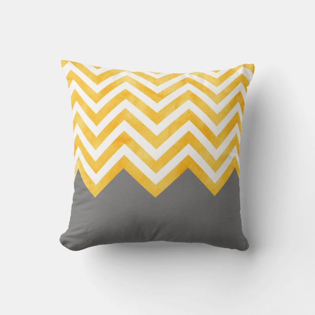 Golden Yellow Grey Chevron Colour Block Throw Pillow (Front)