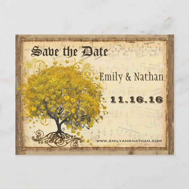 Golden Yellow Heart Leaf Tree Save the Date Announcement Postcard (Front)