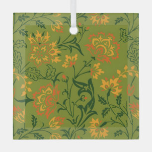 Golden Yellow Leafy Vine Pattern  Glass Ornament
