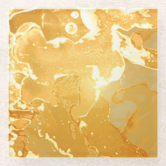 Golden Yellow Marble Ink Pattern Glass Coaster