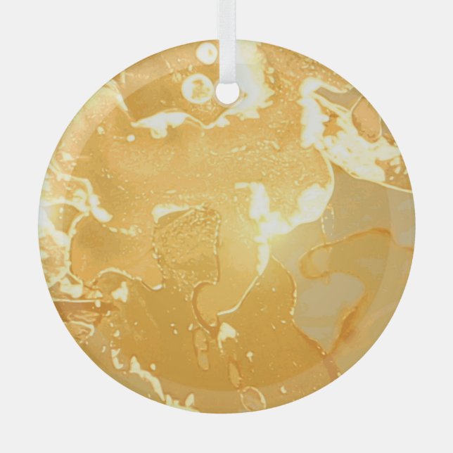 Golden Yellow Marble Ink Pattern Glass Ornament (Front)