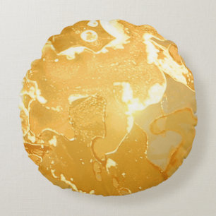 Golden Yellow Marble Ink Pattern Round Pillow