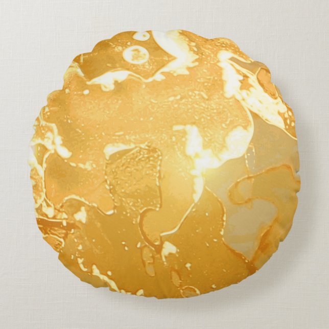 Golden Yellow Marble Ink Pattern Round Pillow (Front)