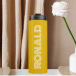 Golden Yellow Modern Typography Personalized Name Thermal Tumbler<br><div class="desc">Keep hot beverages hot and cold beverages cold in this trendy,  insulated thermal tumbler that is a golden yellow colour along with name printed in white,  modern  typography. Edit your thermal tumbler and replace name with desired name. Perfect for a birthday gift,  wedding groomsman gift,  etc.</div>