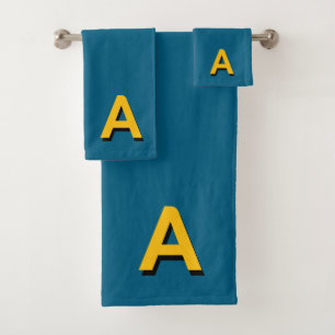 Golden Yellow Monogram on Blue Lagoon Colour Bath Towel Set