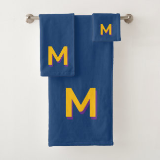 Golden Yellow Monogram on Dark Blue Bath Towel Set