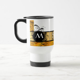 Golden yellow monogram pattern travel mug