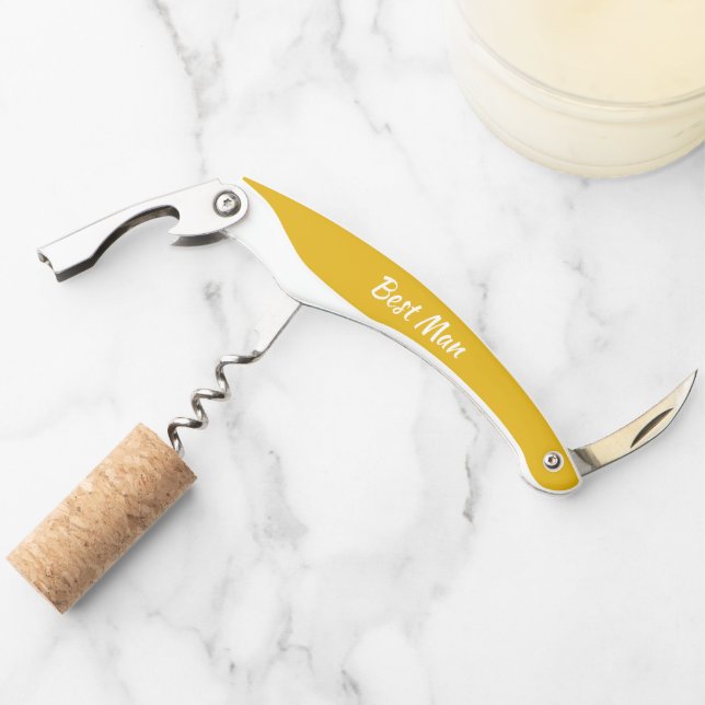 Golden Yellow Personalized Wedding Best Man Corkscrew (Front)