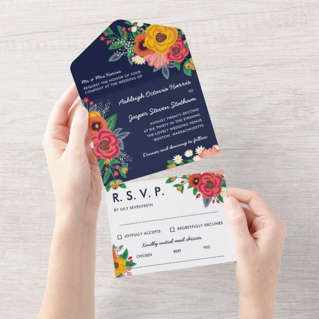 Golden Yellow Red Navy Boho Flowers All In One All In One Invitation (Tearaway)
