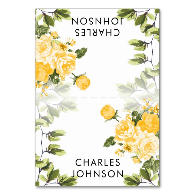 Golden Yellow Rose Floral Wedding | Place Cards (Front)