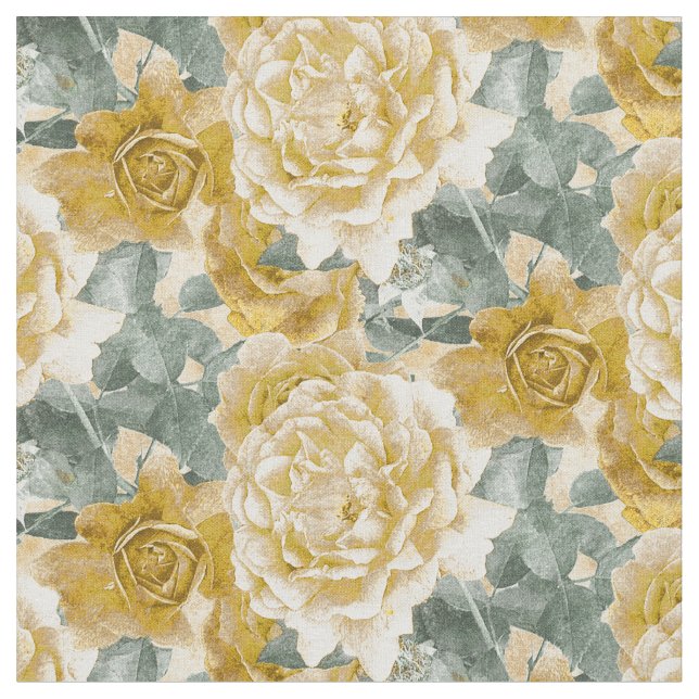 Golden Yellow Roses Floral Pattern Fabric (Close Up)