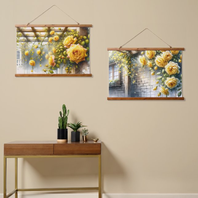 Golden Yellow Roses on Rustic Garden Trellis Hanging Tapestry (Asymmetrical)
