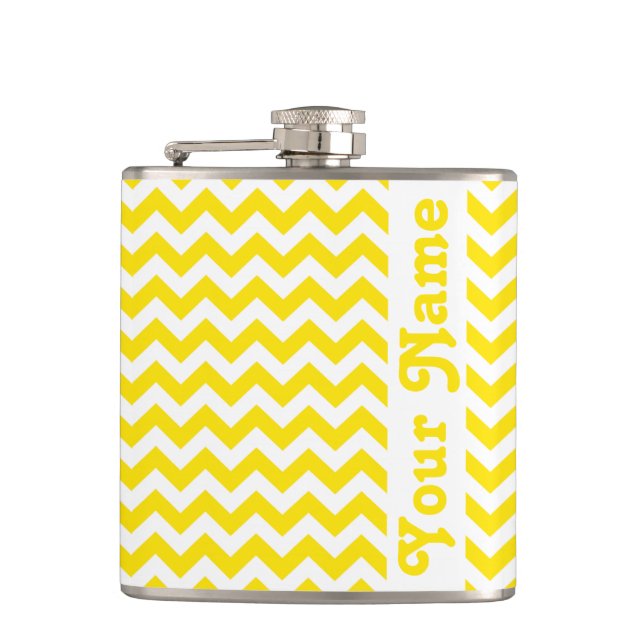 Golden Yellow Safari Chevron w/ customizable name Hip Flask (Front)
