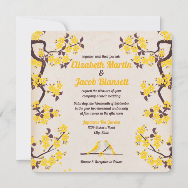 Golden Yellow Sakura and Love Birds Wedding Invitation (Front)