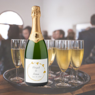 Golden Yellow Simple Heart Wreath Wedding Sparkling Wine Label