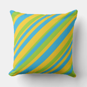 Golden Yellow, Sky Blue, Green Diagonal Stripes Throw Pillow