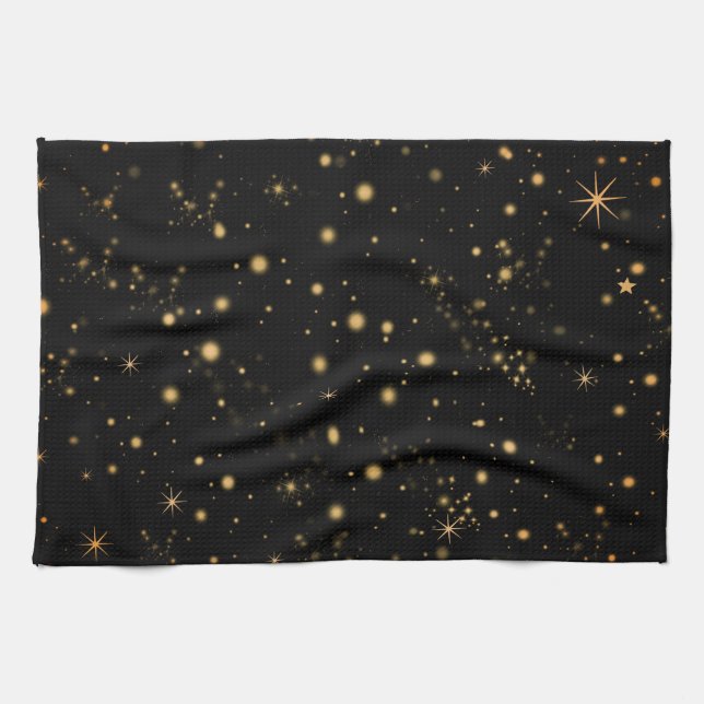 Golden Yellow Stars Black Night Sky Kitchen Towel (Horizontal)