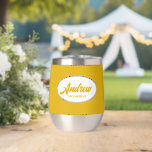 Golden Yellow Stylized Name Wedding Groomsman<br><div class="desc">Gift your wedding groomsman with this trendy and personalized, stainless steel wine tumbler with his name in stylized script inside a white, oval design. Background colour and script is a golden yellow. Personalize your wine tumbler by editing and replacing name with desired name. Available in many, popular wedding colour schemes....</div>