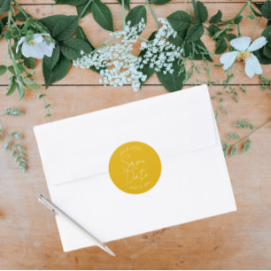 Golden Yellow Stylized Wedding Save the Date Classic Round Sticker