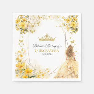 Golden Yellow Tiara Floral Butterflies Quinceañera Napkin