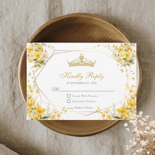 Golden Yellow Tiara Floral Butterflies Quinceañera RSVP Card