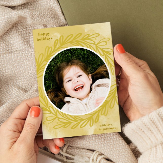 Golden Yellow Watercolor Botanical Photo Frame Holiday Card (Golden yellow watercolor hand-drawn botanical wreath photo holiday card)