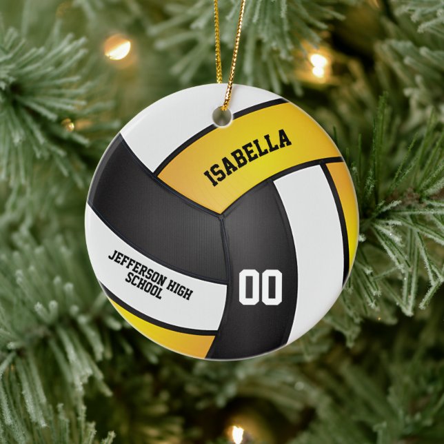 Golden Yellow, White and Black Volleyball Ceramic Ornament (Tree)