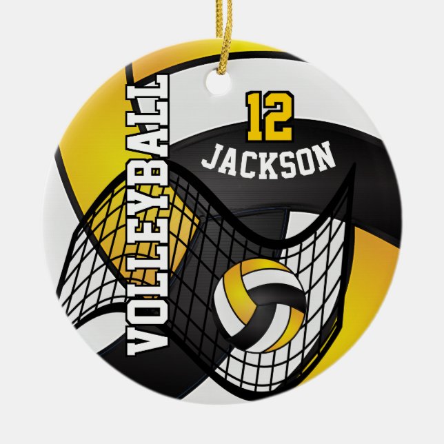 Golden Yellow, White & Black Volleyball 🏐 Ceramic Ornament (Front)