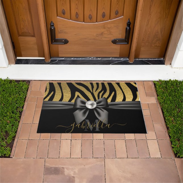 Golden Zebra Print and Bow Doormat (Outdoor)